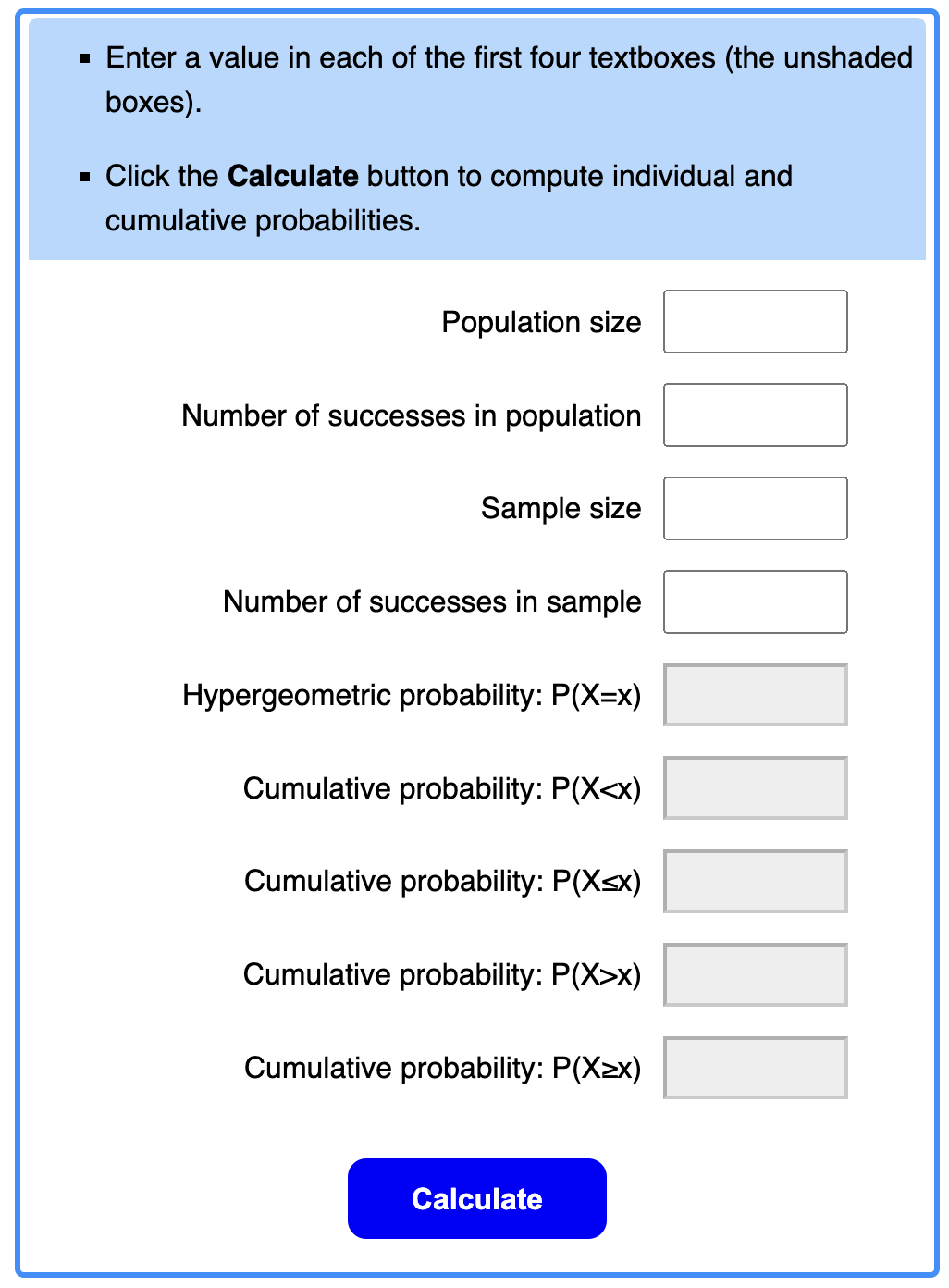 standard hypergeometric calculator