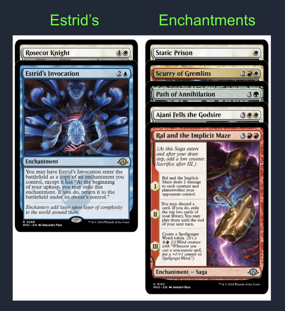 Estrid's Invocation is kind of a budget Essence Reliquary in that it only works with enchantments, but it's nice that the blink doesn't cost mana. It plus Scurry is an extremely strong combo, and there are more good targets besides