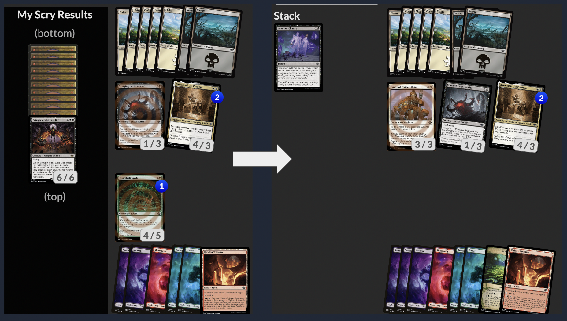 A spot in the Arena Open Day 2 Draft 1 where I explored a Bringer of the Last Gift into my graveyard with 8 lands and then passed with 3 mana open. My opponent should've suspected something fishy, but instead they overextended into me using Another Chance to get back my wrath (mostly killing the spider was sketchy).