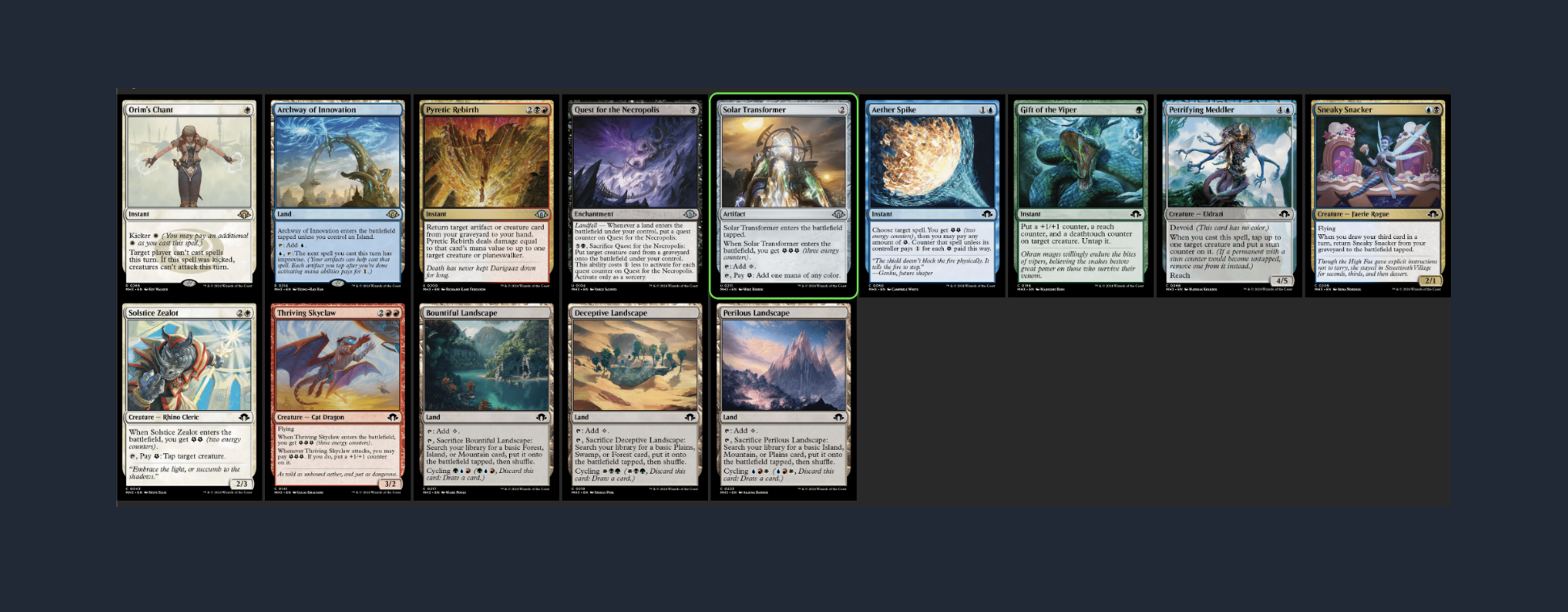 an example of a pack with not much synergy - so I take a flexible support piece here with Solar Transformer, and would take a land if the Transformer wasn't in the pack